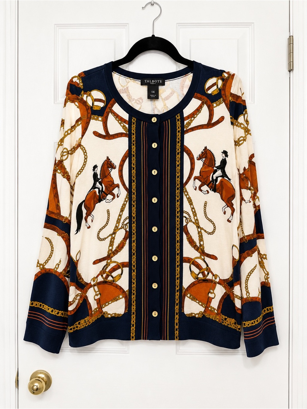 Talbots Navy, Cream & Brown Equestrian-Print Button Cardigan